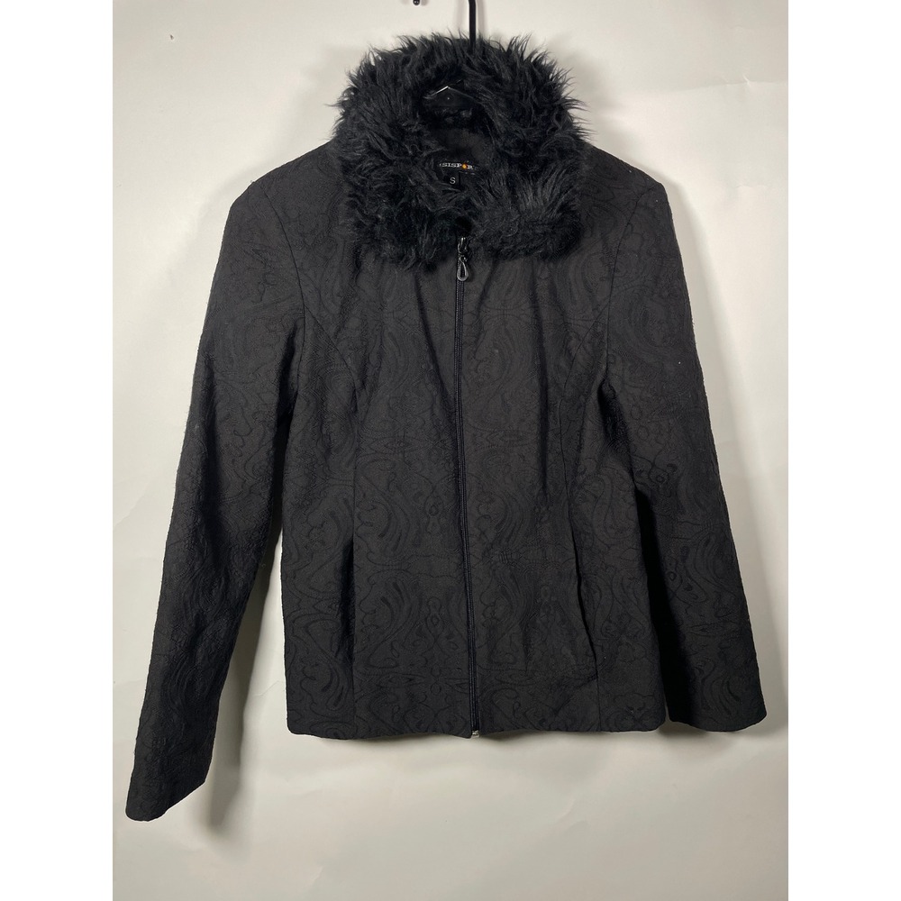 Y2K Black Paisley‎ Textured Jacket Faux Fur Collar Full Zip Small Cheetah Girl